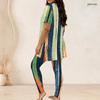 Women Plus Size Striped Printed Round Neck Short Sleeve Two Piece Set Long Top And Fitted Pants