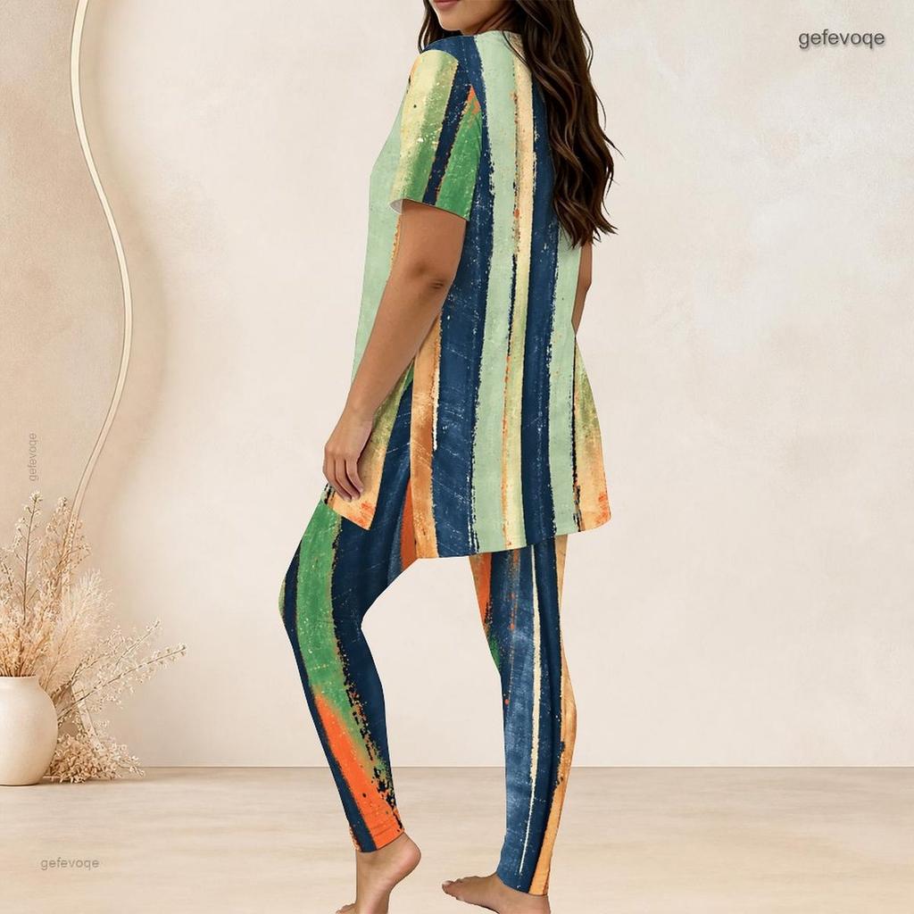 Women Plus Size Striped Printed Round Neck Short Sleeve Two Piece Set Long Top And Fitted Pants