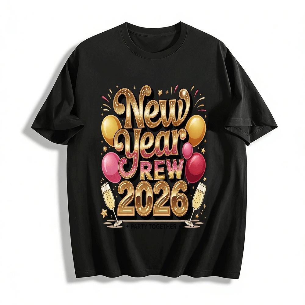 

New Year Crew 2026 Party Together Glitter Print Top Pure cotton T-shirt 6XL