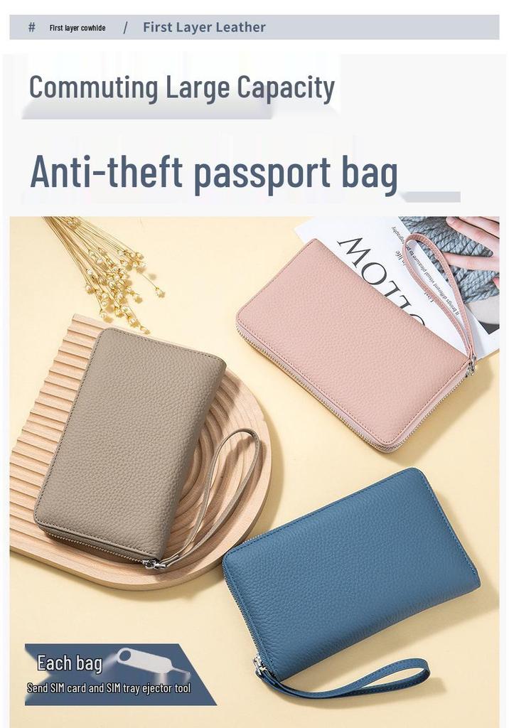 Women's Anti-Theft Multi-Functional Genuine Leather Passport Holder: Large Capacity for Tickets, Passports, and Documents.