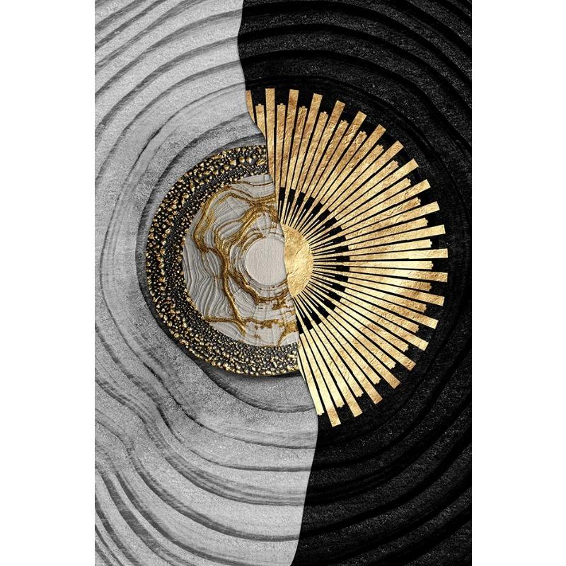 Black Gold Rough Organic Texture of Tree Rings Canvas Abstract Poster Wall Art Pictures Circle Line Paintings For Living Room