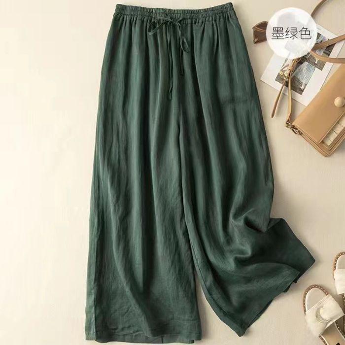 Cotton and Linen Wide-leg Pants Women Summer Retro Elastic Waist Ankle-Length Pants Lace-up Solid Versatile Loose Casual Pants