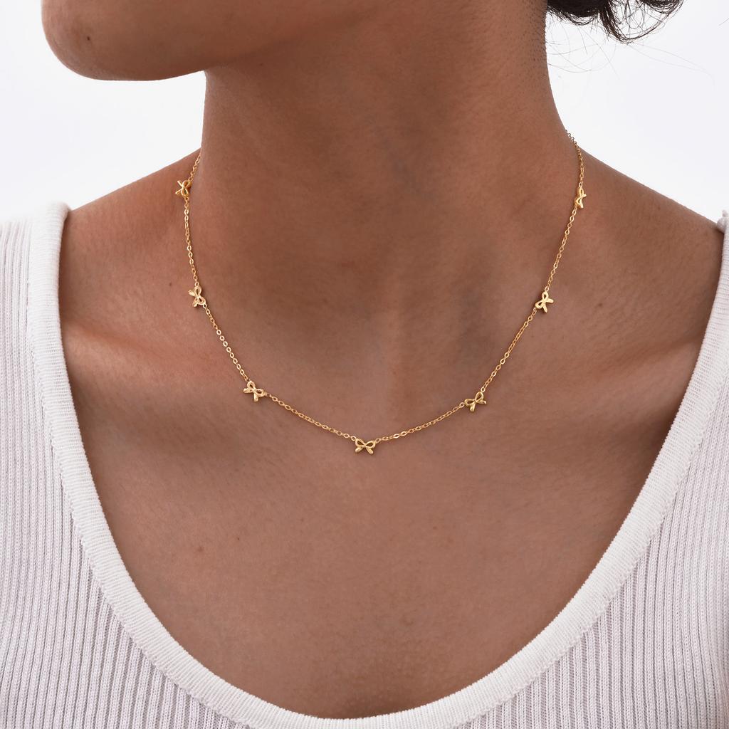 Women's Stainless Steel Bowknot Necklace 18K Gold Plated Luxury Charm Bracelet Trendy Bohemia Jewelry Set Party Birthday Gift