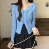 Women's Knitted Top Solid Color V-neck Lace Patchwork Slit Long Sleeved Top
