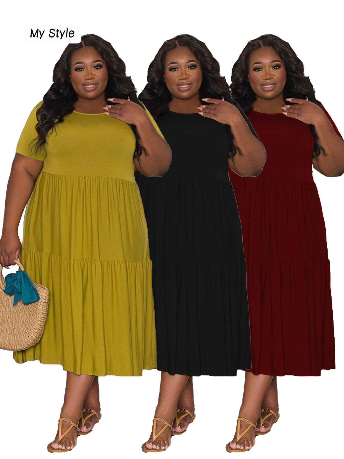 

Женское платье больших размеров на весну и осень, повседневное платье с круглым воротником и короткими рукавами, цельное однотонное плиссированное платье