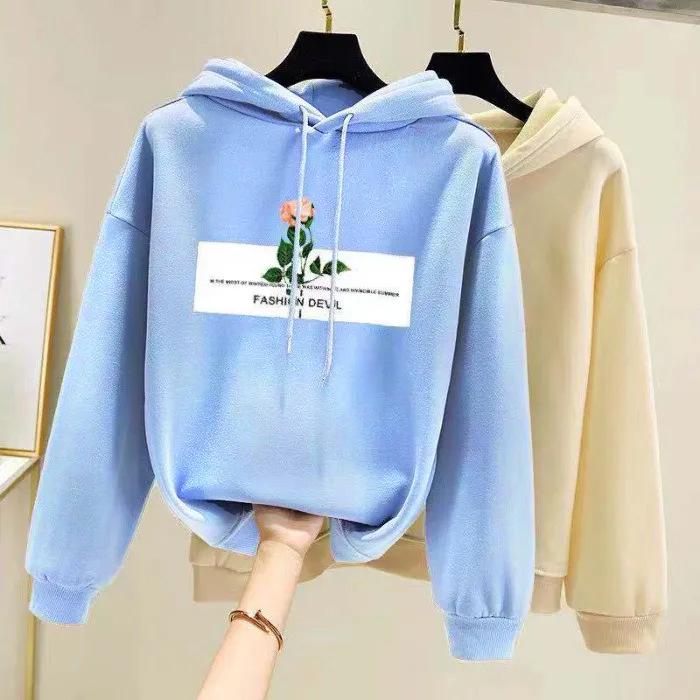 Korean Style Women's Fleece-Lined Hooded Sweatshirt, Plus Size, Loose Fit, Long-Sleeved, for Autumn and Winter.