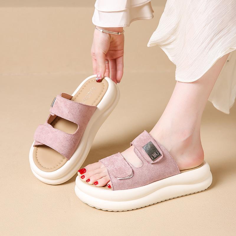 Wearing Thick-bottomed Cool Slippers Women's Matte One-word Drag Summer New Muffin Retro Open-toed Women's Beach Sandals