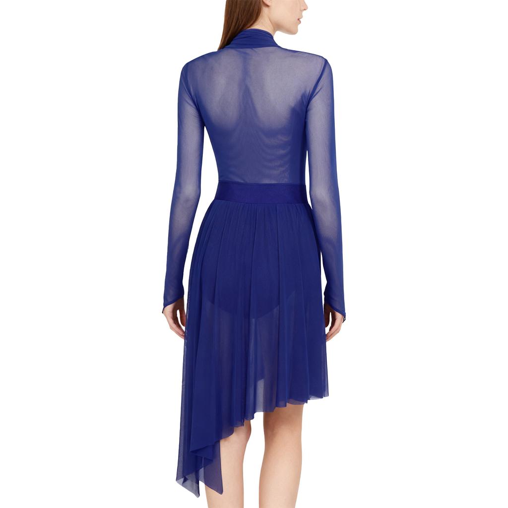 Damen Lyrical Tanzkleid S-XXL: Transparenter Netzstoff Langarm mit glitzernden Strasssteinen & Eingearbeiteten Schrittknöpfen Höschen Rüschen Design