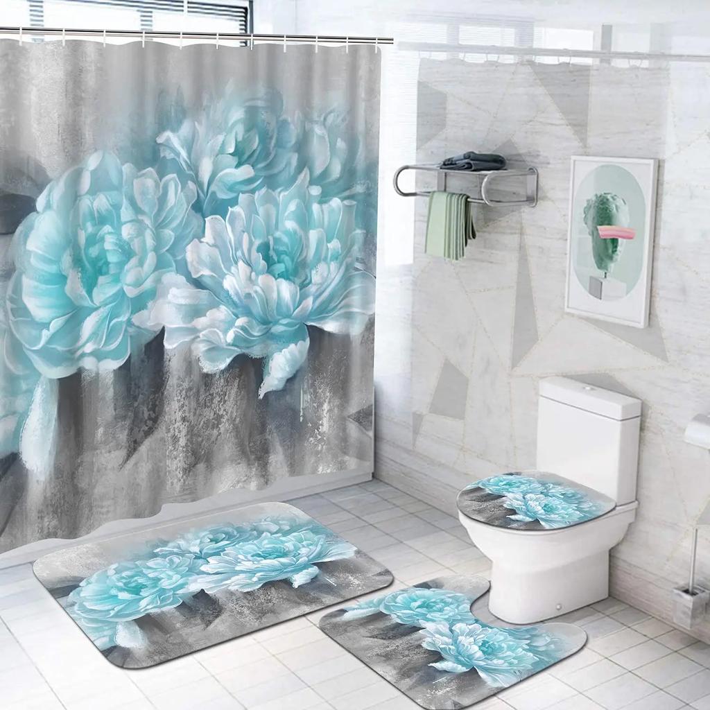 Elegant Blue Flower Shower Curtain Set Waterproof Bathtub Curtains Non-Slip Rugs Bath Mat Toilet Lid Cover Bathroom Set Decor