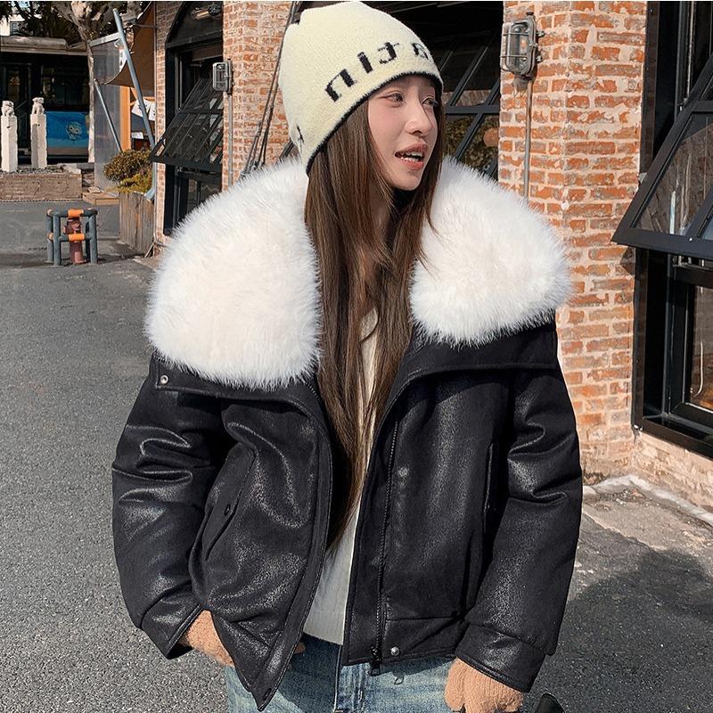 New cotton-padded women's short fluffy lapel cotton-padded women's clothing winter new simple cotton-padded jacket trendy coat