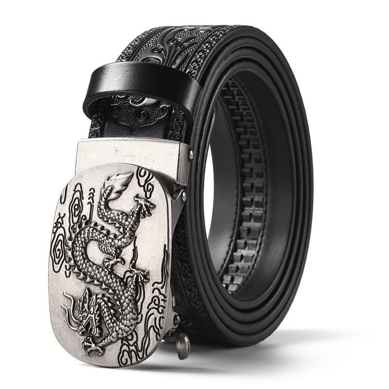 Men's Retro Dragon Head Genuine Leather Belt with Carved Embossed Design