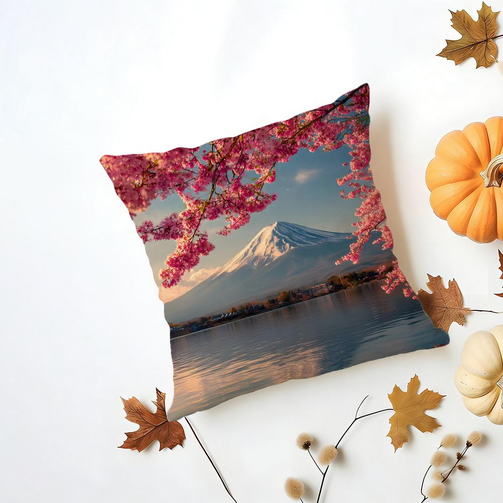 Japanese Cherry Blossom Fuji Mountain Sunset Cushion Cover Washable Linen Pillowcase Soft for Daily Sofa Bed Home Room Decor