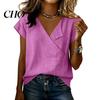 Casual Women Shirt Women's Cotton Linen Tops Wrap V Neck Short Sleeve Breathable Blouse Summer Tunic Loose Vacation Tee Shirts Fit