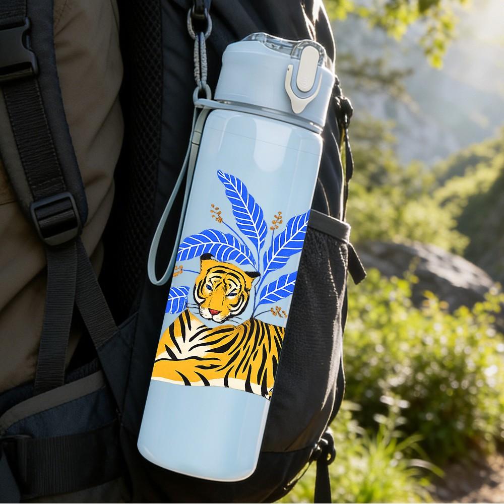 1PC Tiger Among Blue Leaves Art Print 750ml Color Plastic Sports Water Bottle Leakproof Flip Straw Lid Suitable for Sports Office Home Use