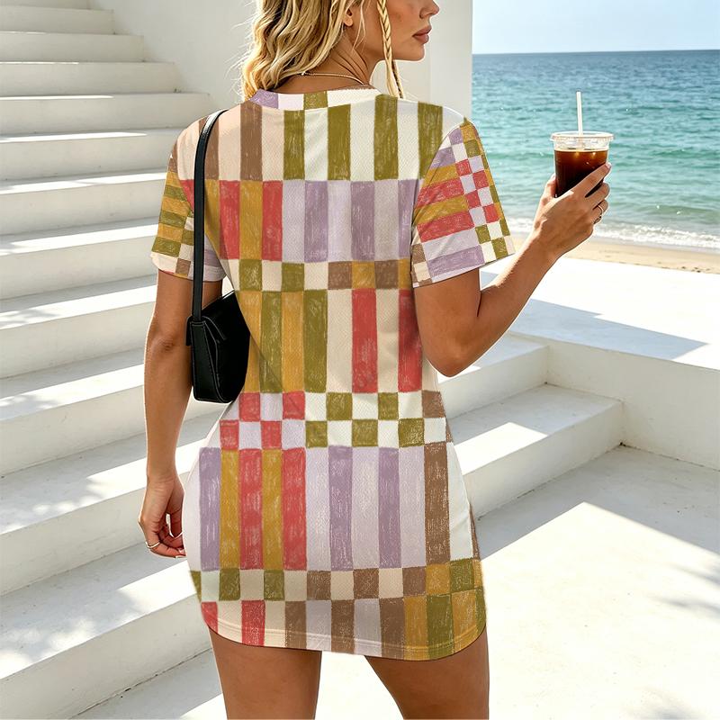 V-Neck Short Sleeve Simple Plaid Dress Fitted, Comfy Chic Summer Women's Dress, Versatile for Casual Outings & Party Wear