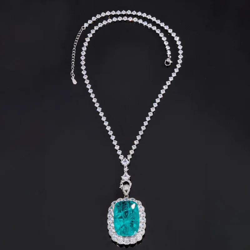 

2025 New Elegant Aqua Blue Gemstone Pendant Necklace with Sparkling Zircon Chain Luxury for Women s Jewelry for Parties Gifts зелений