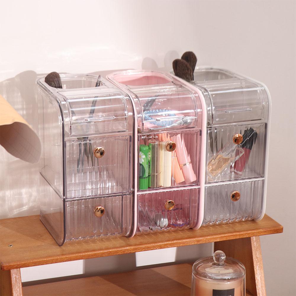 Plastic Cosmetic Storage Box Dustproof with Handle Makeup Storage Container Space Saving Stationery Storage Box Dormitory