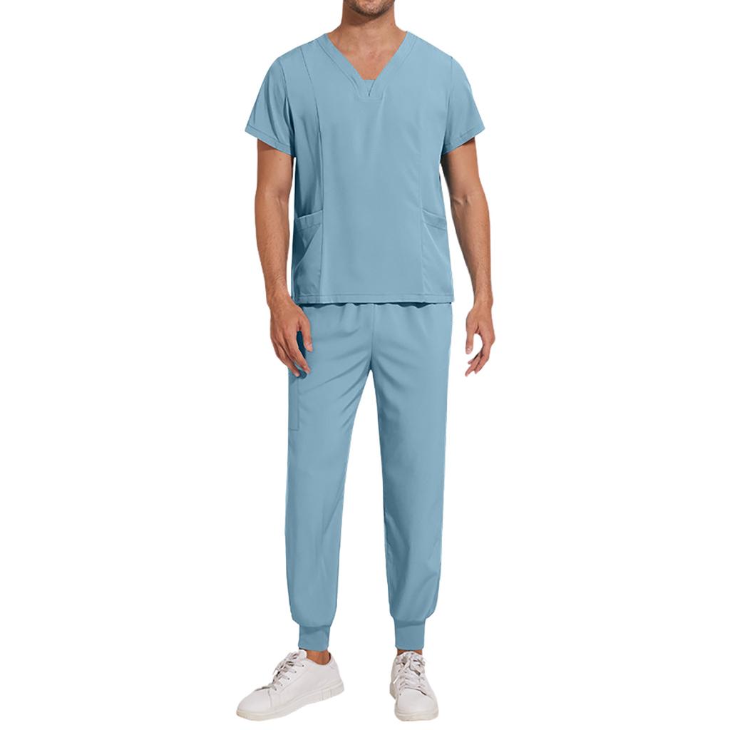 Men's Loose And Comfortable V-neck Short Sleeved Workwear Multi Pocket Beauty Suit Set