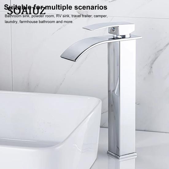Brushed Nickel Waterfall Bathroom Faucet Modern Single Handle Ceramic Valve Core Sink Faucet with Hose Deck Plate (High Style)