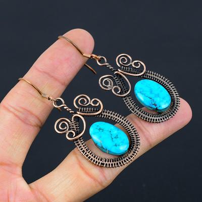 Brincos delicados feitos à mão com pedra preciosa turquesa tibetana fio de cobre puro presente para mulher