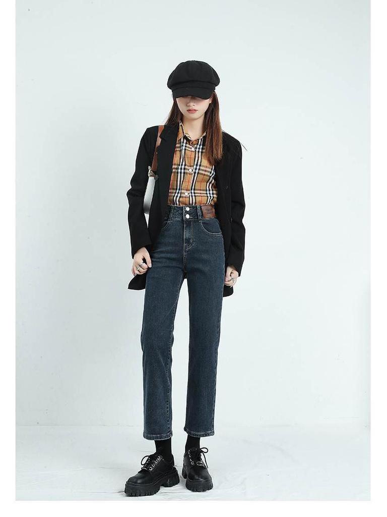 Women's Blue-Gray High-Waisted Straight-Leg Jeans, 2022 Spring/Autumn Style, Slimming & Versatile, Petite Fit, Nine-Point Cigarette Pants