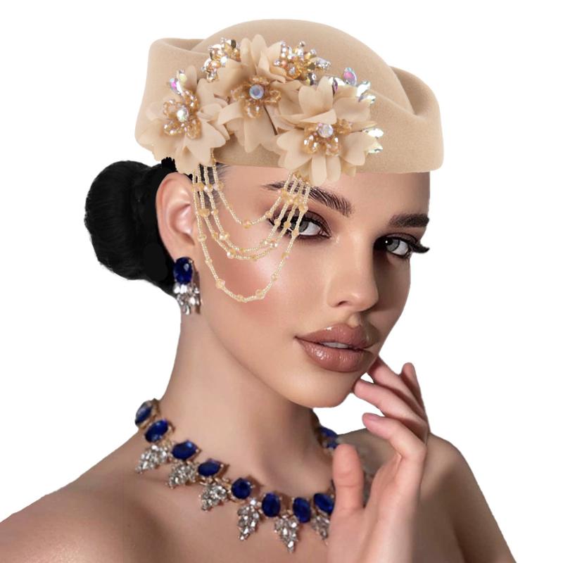 Retro British Hat For Women Elegant 3D Floral Decorated Flight Attendant Cap Beret Cosplay Costume Accessories