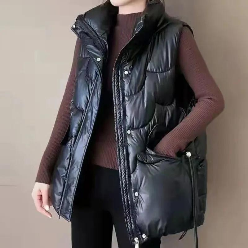 

Жилет Женский Зимний Модный Жилет Жилет Глянцевый Одноразовый Корейская Версия Пухового Хлопкового Жилета Женский Короткий Свободный Жилет со Стойкой XL чёрный