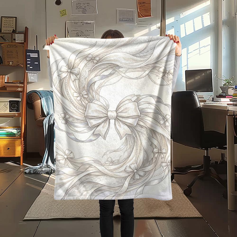 1Pc Gorgeous Bow Print Flannel Blanket, High Quality Comfortable for All Seasons, Home Decor, Warmth and Comfort, Perfect for Christmas Gifts W112
