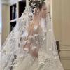 Mori Style White Butterfly Bridal Veil & Fishtail Wedding Dress with Pearl Headpiece