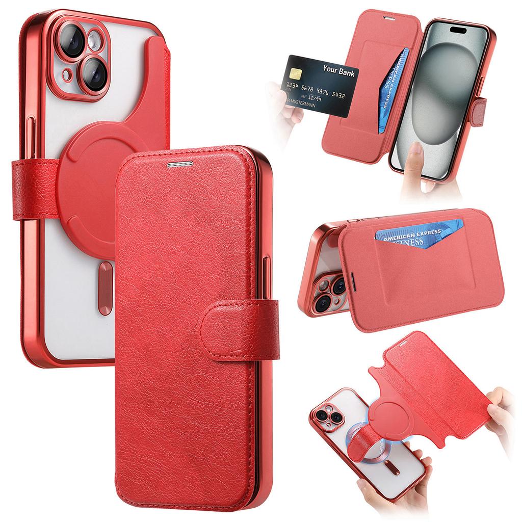 For iPhone 15 Plus Case Compatible with MagSafe Detachable Leather Phone Cover with Lens Film