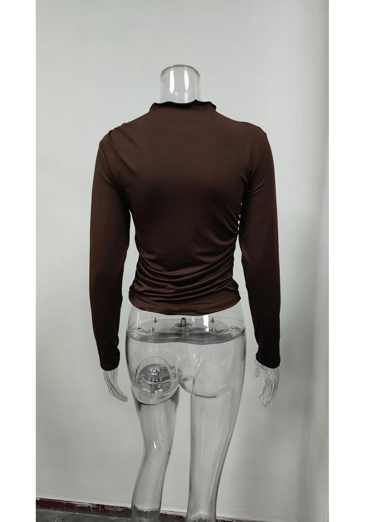 2024 Women's Apricot Slim Fit Pleated Long Sleeve T-Shirt