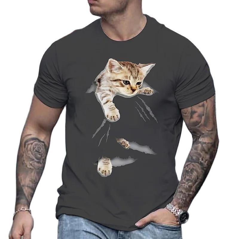 Roztomilé tričko s kočkou Animal Oversized Funny Cat Tops Tričko s límečkem Pánské 3D potištěné pánské tričko s kočkou Crew Krk s krátkým rukávem