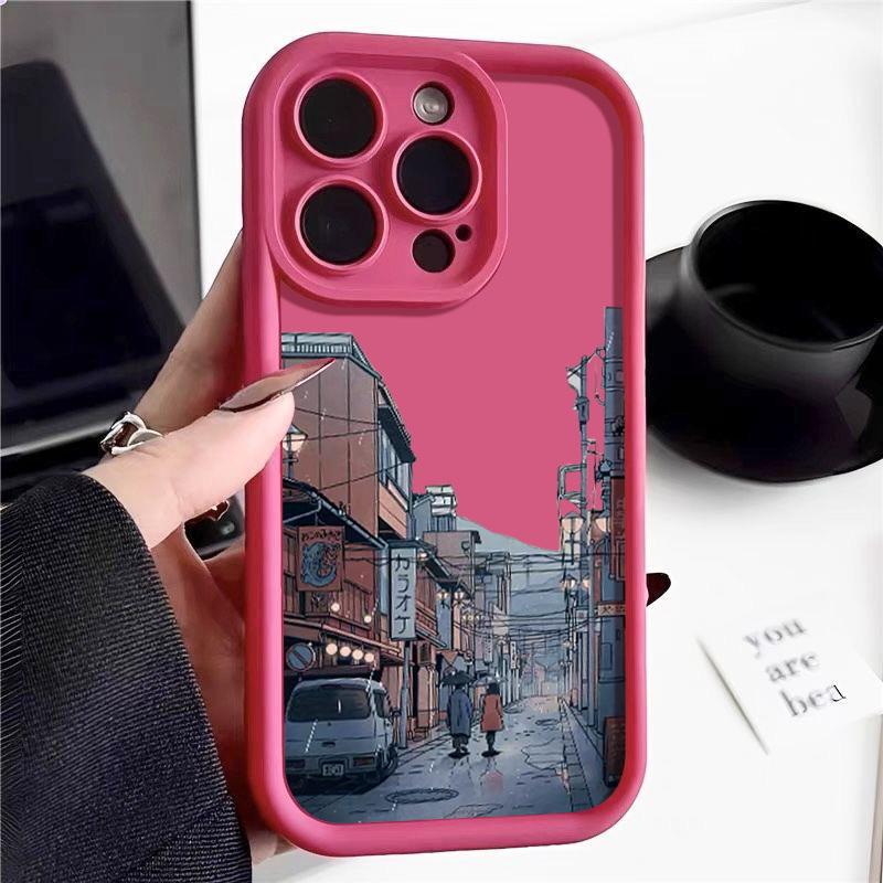 Rainy Night Streetscape Pattern Shockproof Case For iPhone 16 15 Plus 14 Pro Max 13 12 11 XS XR 8 Lens Protection TPU Soft Matte Silicone Phone Cover