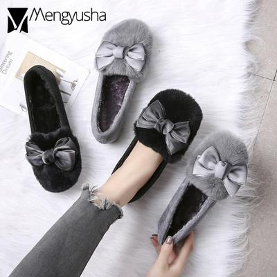Moda 43 taglie forti mocassini in pelliccia donna mocassini con fiocco in pizzo vera pelliccia di coniglio scarpe invernali calde pantofole slip-on in peluche scarpe basse pelose donna