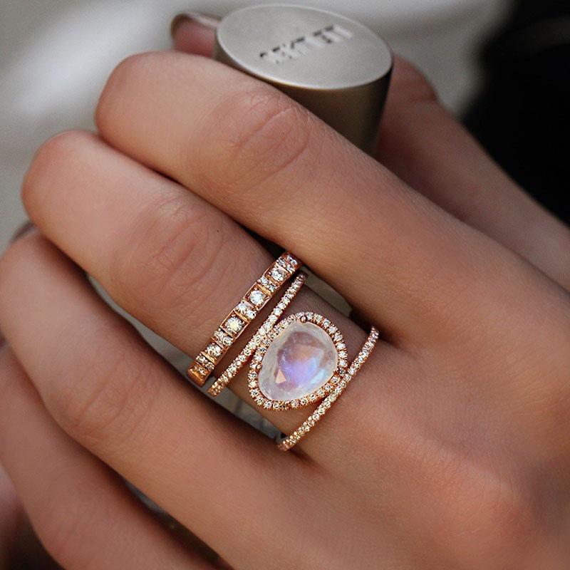 14K Rose Gold Irregular Moonstone Ring with Micro-Inlay