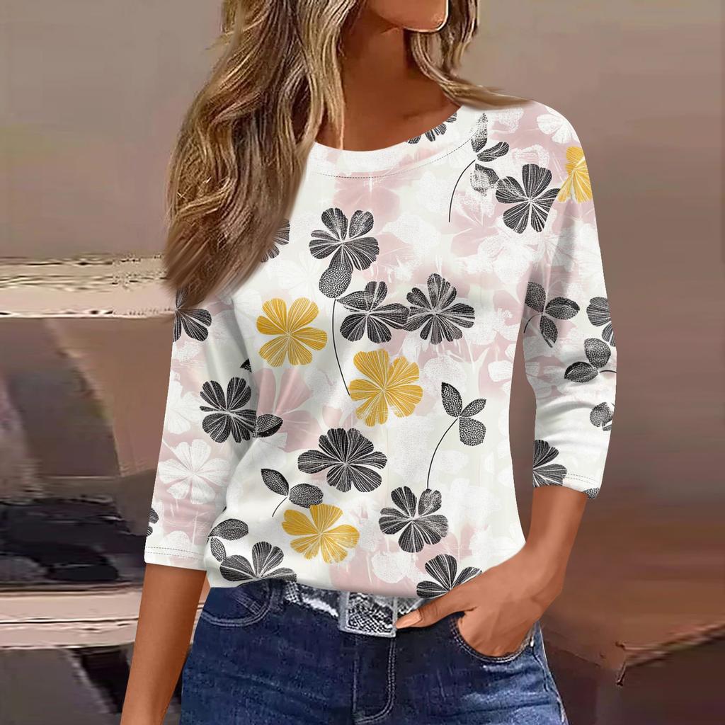 Women's Three-Quarter Sleeve Shirt, Round Neck, Loose Fit, Casual Shirt, Floral Print T-Shirt, Summer