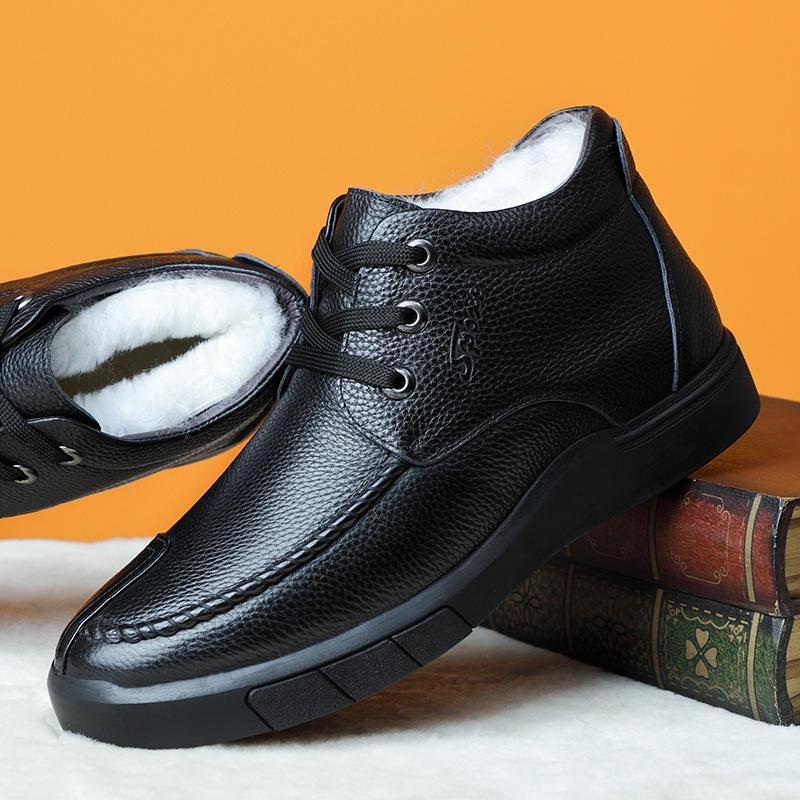 Winter First Layer Cowhide Wool Men's Cotton Shoes Genuine Leather Velvet Warm Dad Men's Shoes High-top Casual Men's Leather Shoes