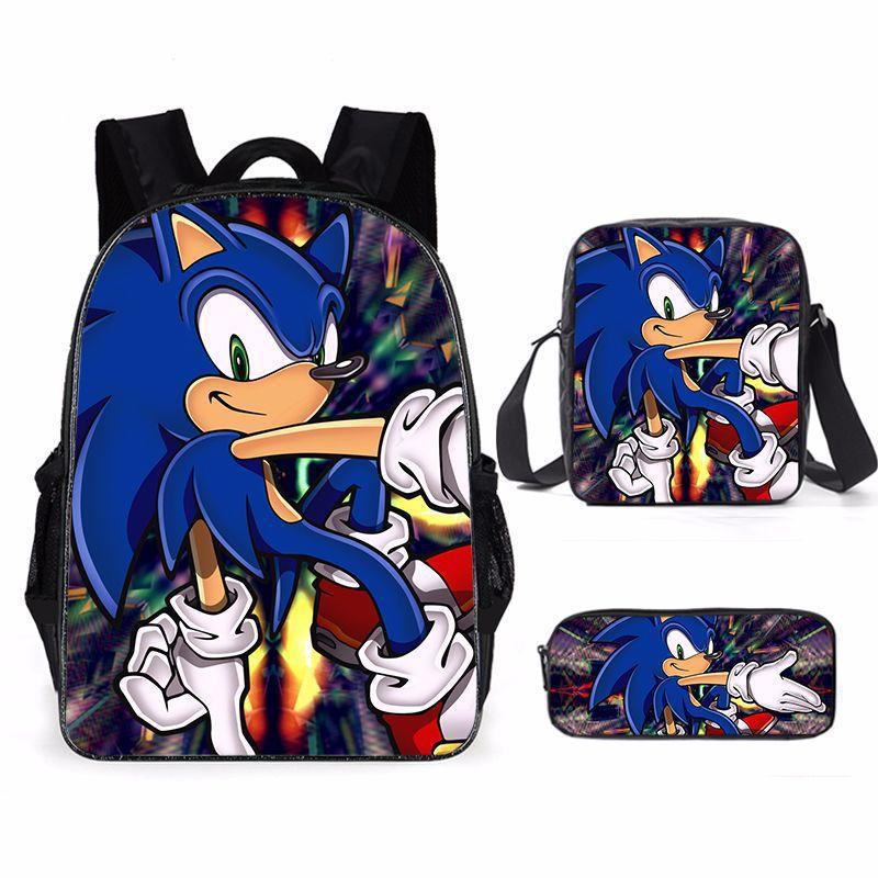 Cartoon Sonic Backpack, Primary And Secondary School Schoolbag, Messenger Bag, Pencil Case Three-Piece Set