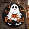 Wooden Hanging Halloween Sign Party Decoration Ghost Design Wall Ornament Rustic Style Door Plaque for Seasonal Indoor Outdoor Use