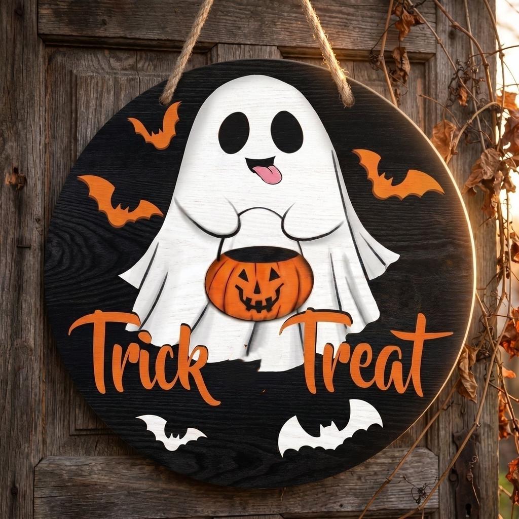 Wooden Hanging Halloween Sign Party Decoration Ghost Design Wall Ornament Rustic Style Door Plaque for Seasonal Indoor Outdoor Use
