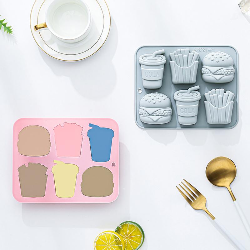 6-Loch Burger Pommes Cola Silikonform Fondant Süßigkeiten Schokolade Form Seife Gelee Epoxidharz Form Kuchen Dekoration Werkzeuge