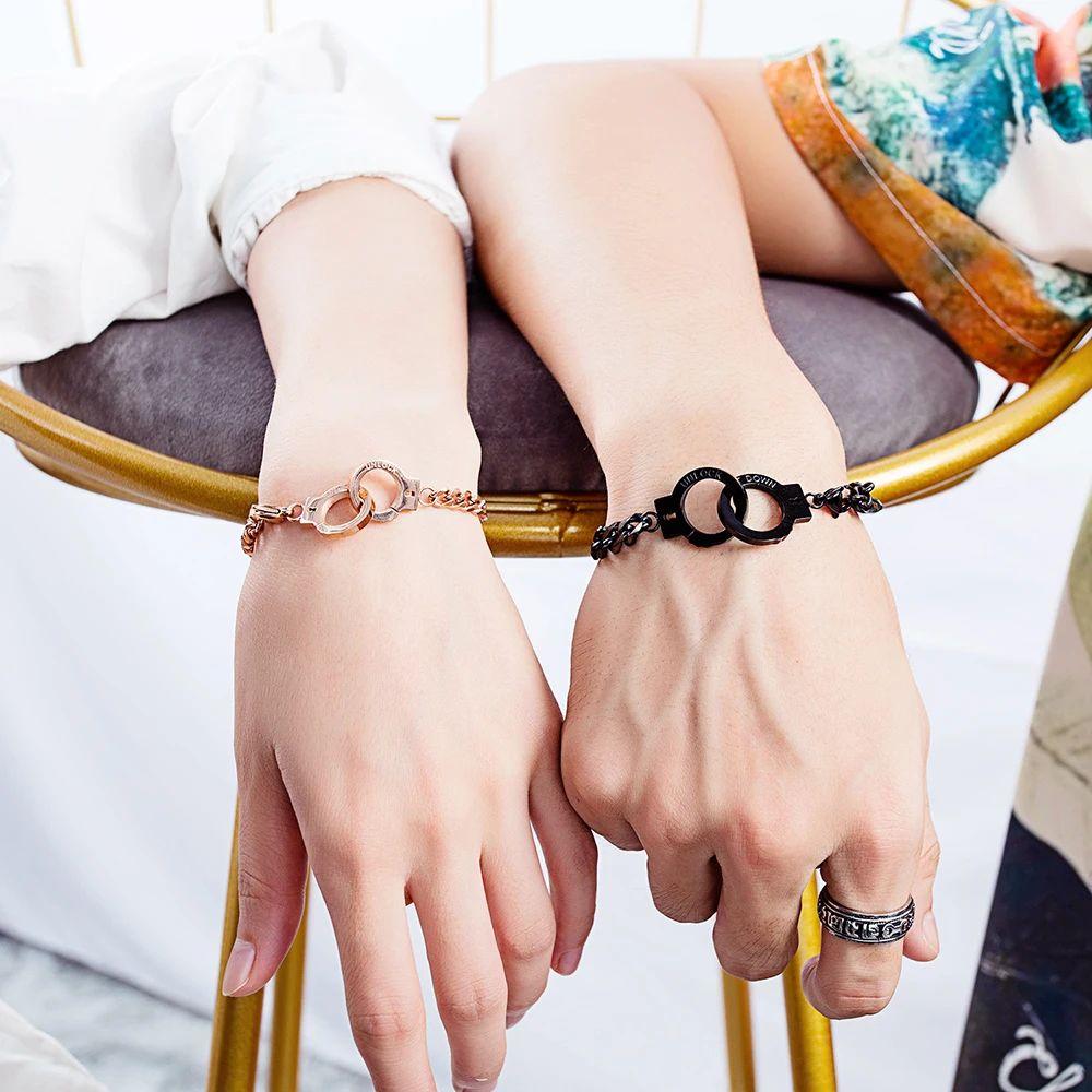 VQYSKO Simple all-in-one stainless steel couples fashion handcuff bracelet for lovers Valentine's Day gift jewelry