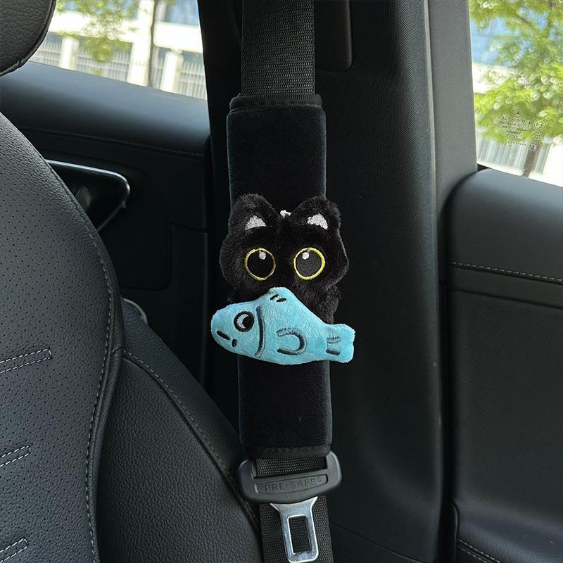 Car Seat Belt Shoulder Pads Soft Plush Black Cat Fish Print Anti-Rub Protector for Auto Decoration Travel Use