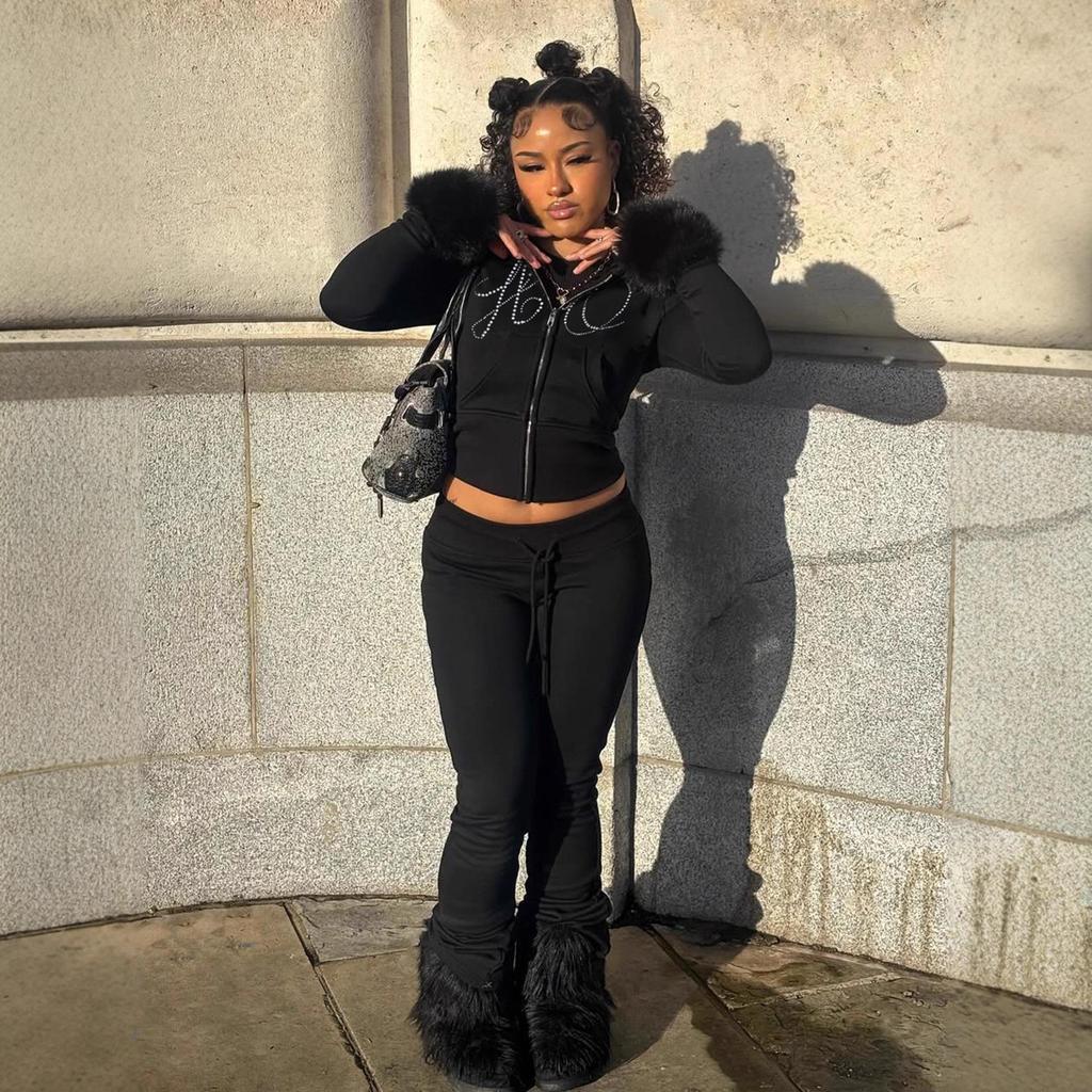 2025 Fall/Winter European Furry Hoodie & Rhinestone Sweatpants Set