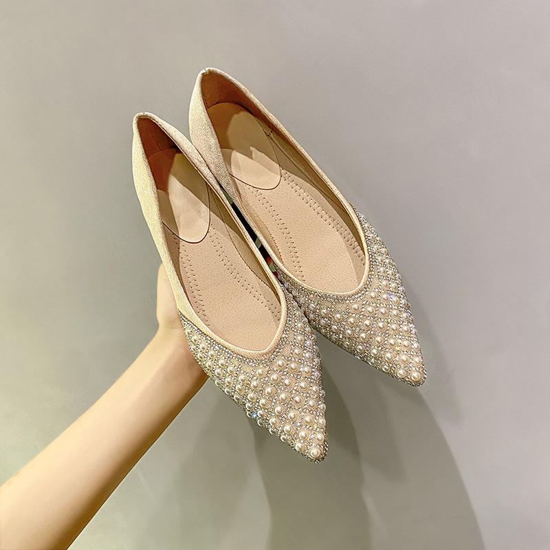New Low-Heel Classic Fashion Versatile Pointed Toe 3cm Chunky Heel Shallow Mouth Rhinestone Pearl Mesh Women'S Shoes
