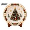 Round Plate Decor Wooden Christmas Plate, Santa Snowman Stocking Tree Bell Sleigh Dish Xmas Party Supplies Decor, Tabletop Ornament for Home