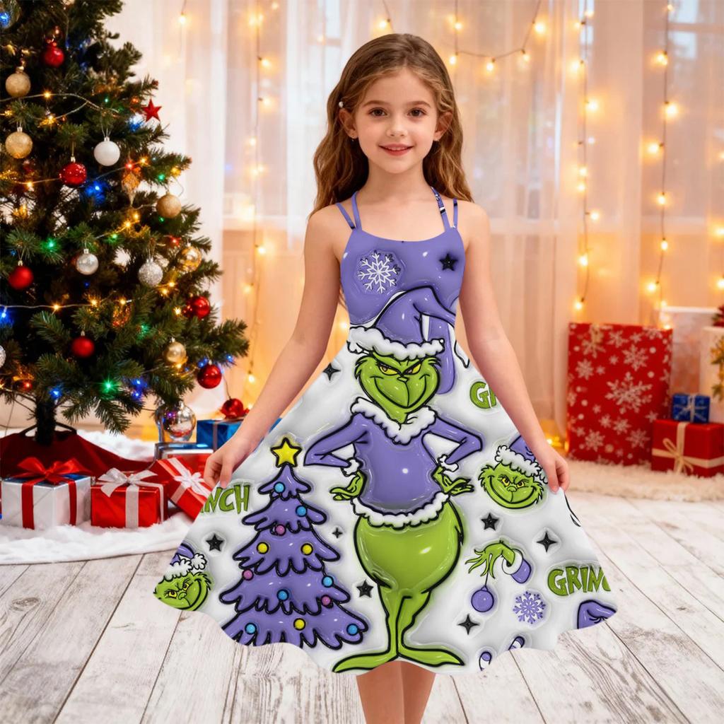 Children's Fashion Casual Christmas Print Off-Shoulder Punk Vintage Dress