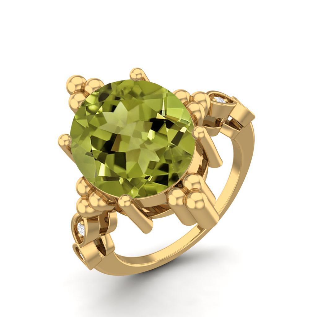 12X10mm Oval Peridot Solitaire 925 Sterling Silver Gold Vermeil Beaded Women Engagement Ring