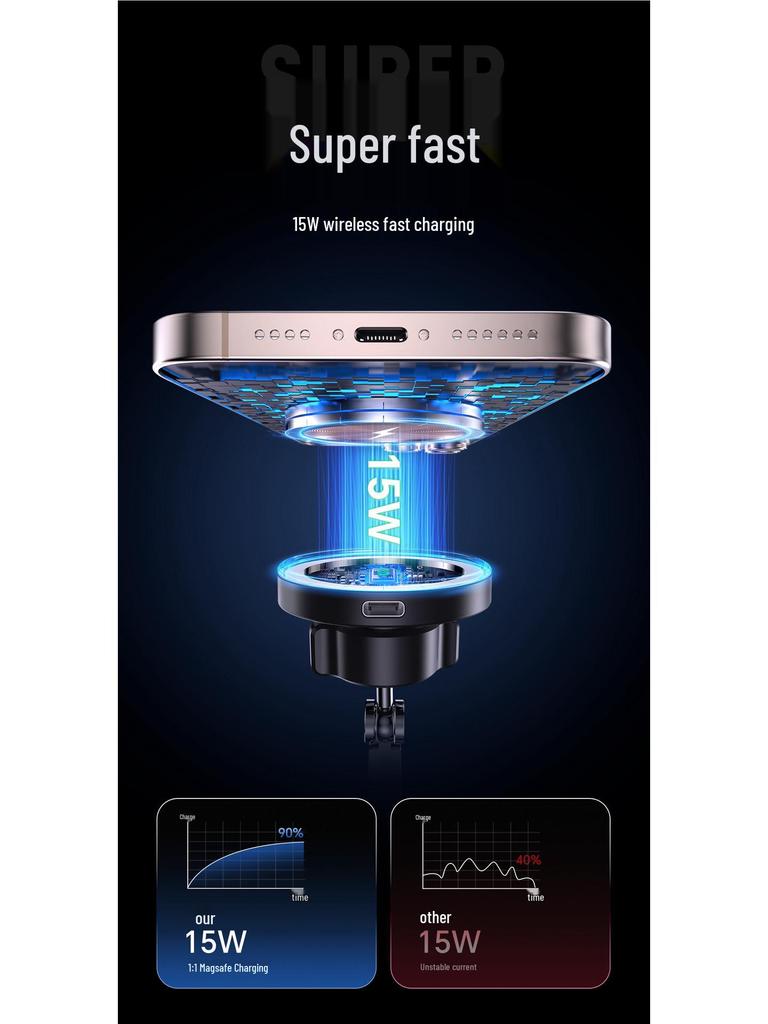 Magnetic Wireless Car Charger & Phone Holder - Cool Black Tech with Strong Suction