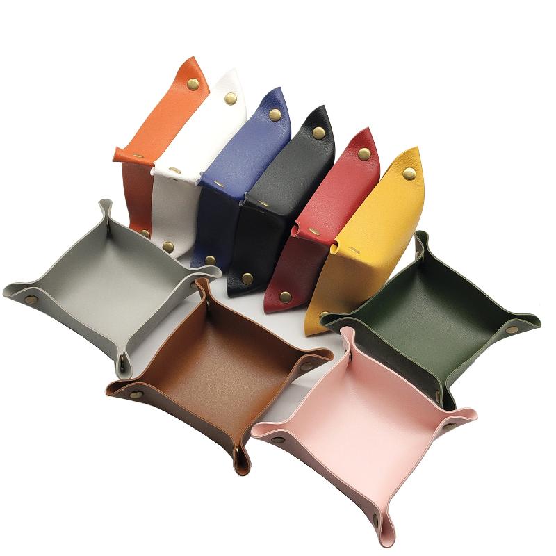 PU Leather Foldable Desktop Storage Tray, Square Organizer for Keys Jewelry Cosmetics, Waterproof Valet Tray for Home Office